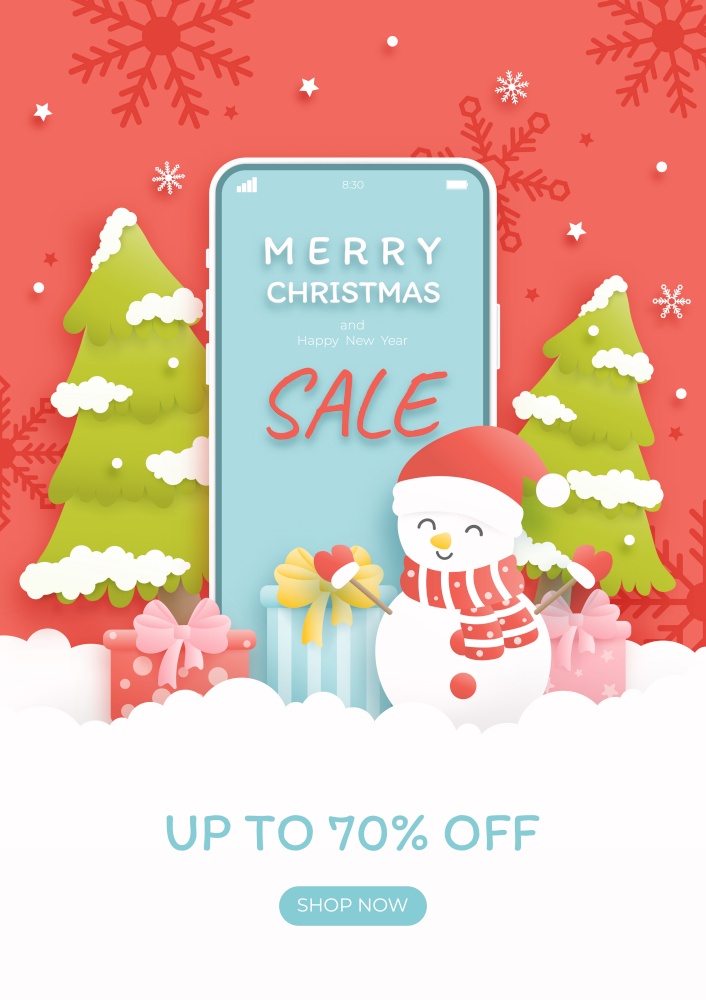 Merry Christmas and happy new year background with pine tree, snowman, gift box. Online shopping. Paper art vector illustration