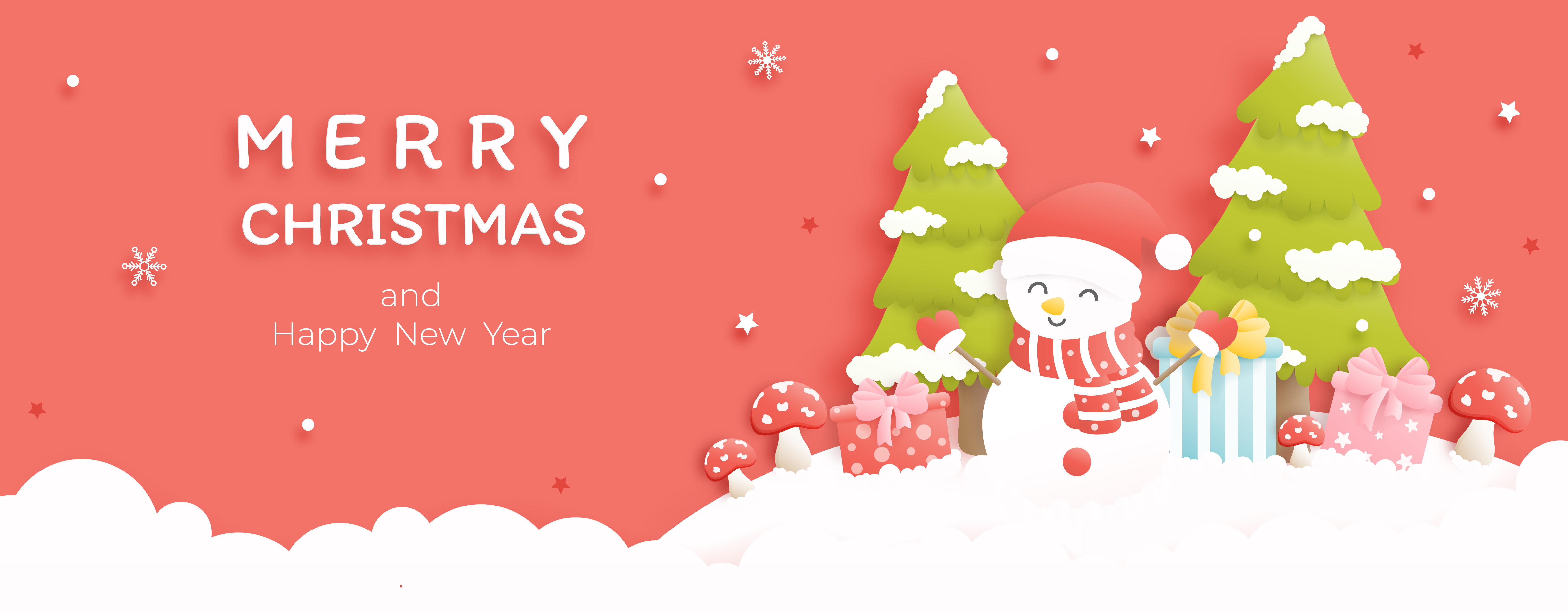 Merry Christmas and happy new year banner background with pine tree, snowman,gift box. Paper art vector illustration