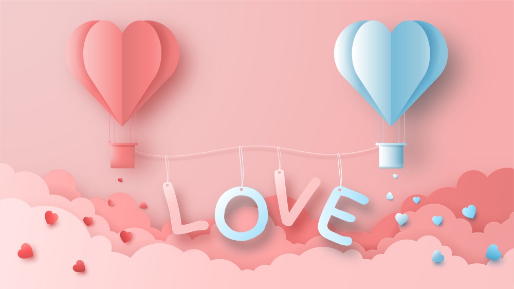 3D origami hot air balloon flying with heart love text background. Love concept design for happy mother&rsquo;s day, valentine&rsquo;s day, birthday day.Vector paper art illustration.