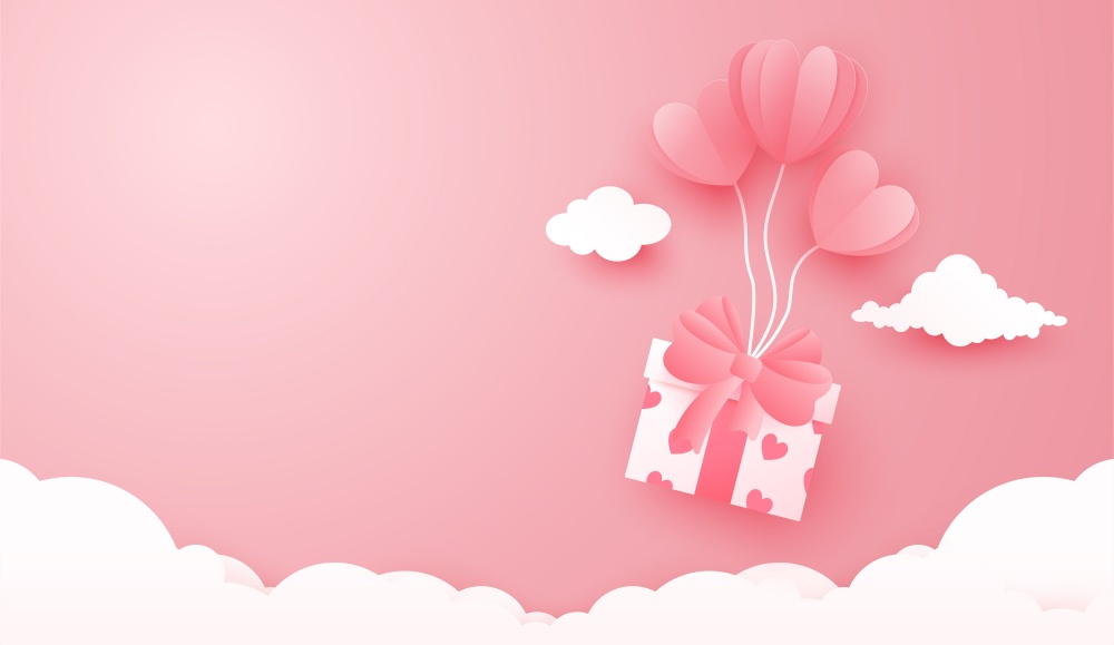 3D origami heart hot air flying with gift box on cloud background. Love concept for happy mother&rsquo;s day, valentine&rsquo;s day, birthday day. vector paper art illustration.