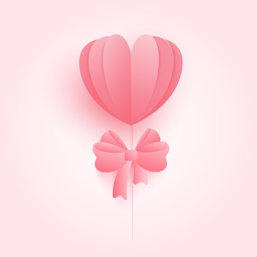 3D origami heart with pink ribbon Bow background. Love concept for happy mother&rsquo;s day, valentine&rsquo;s day, birthday day. vector paper art illustration.
