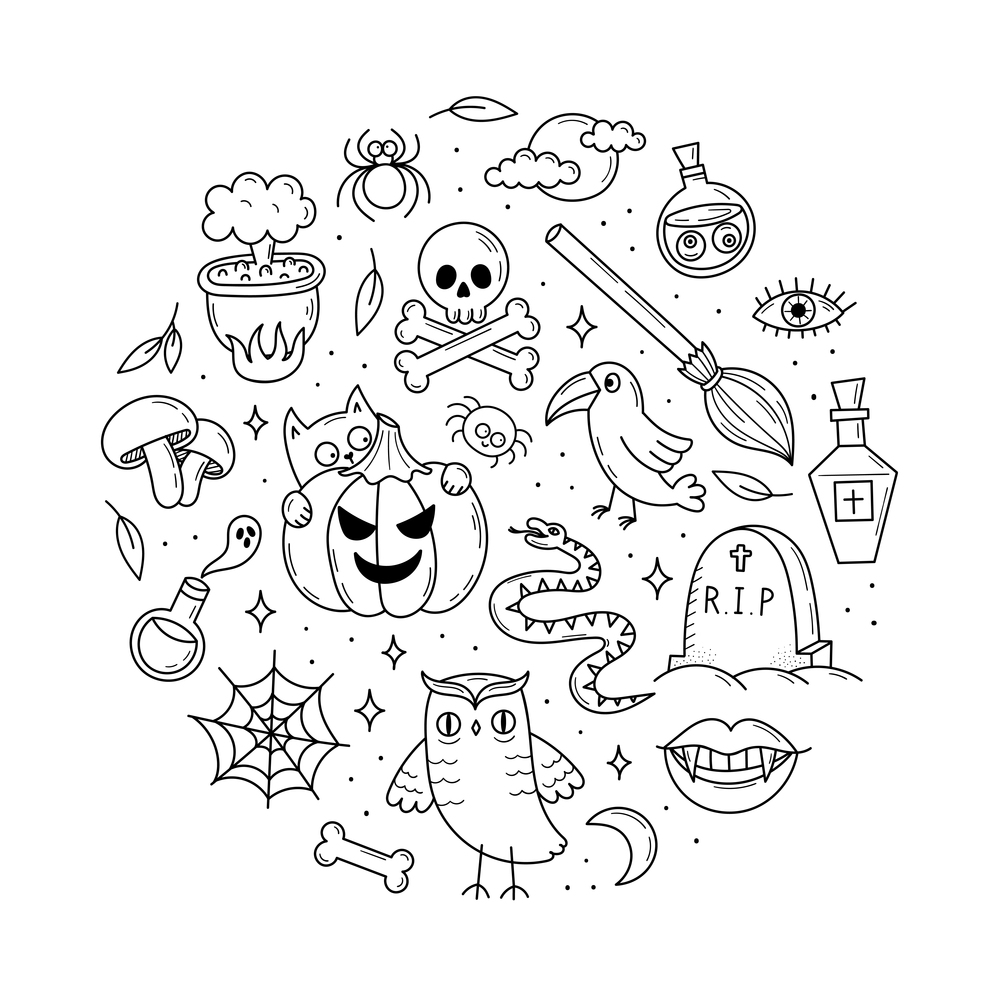 Set of elements for Halloween. Mystical scary objects. Cats, pumpkins, ghosts, potion. Doodle style illustration