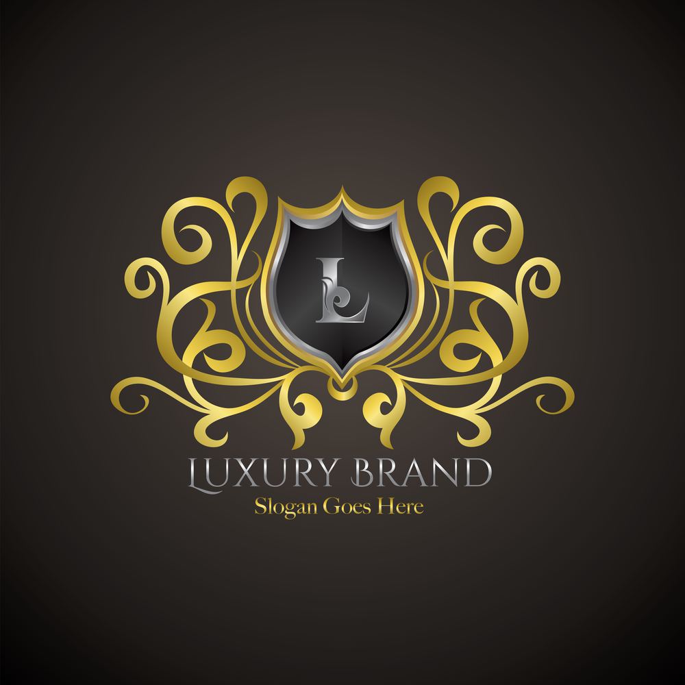 Luxury Shield Logo Letter L Golden Color Vector Design Concept Crown Royal Brand Identity.