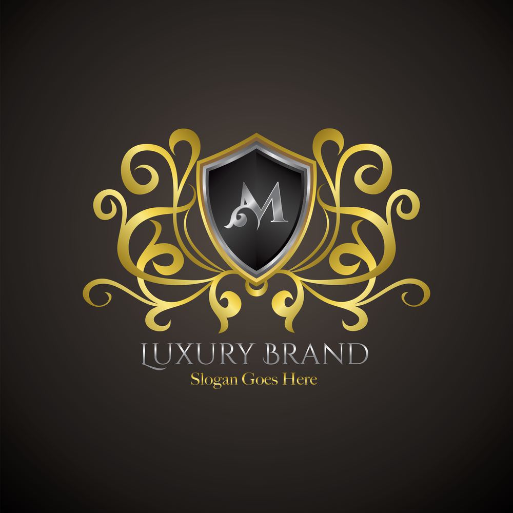 Luxury Shield Logo Letter M Golden Color Vector Design Concept Crown Royal Brand Identity.