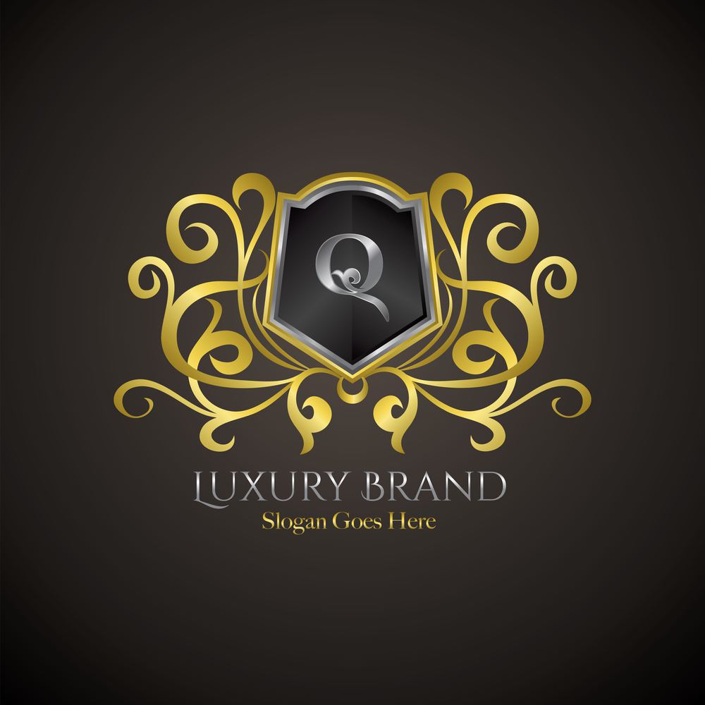 Luxury Shield Logo Letter Q Golden Color Vector Design Concept Crown Royal Brand Identity.