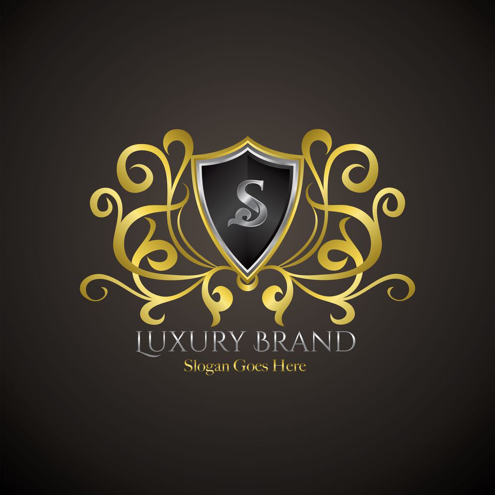 Luxury Shield Logo Letter S Golden Color Vector Design Concept Crown Royal Brand Identity.