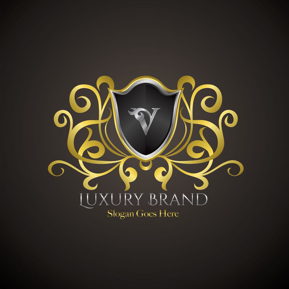 Luxury Shield Logo Letter V Golden Color Vector Design Concept Crown Royal Brand Identity.