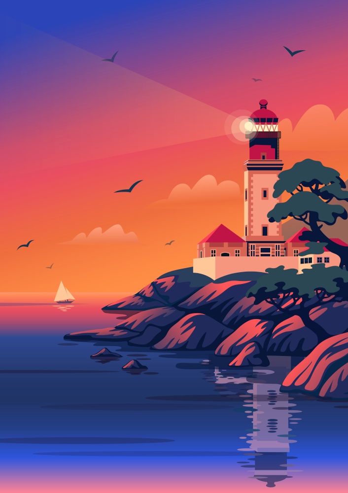 Lighthouse - vector landscape. Sea landscape with beacon on the beach at sunset. Vector illustration in flat cartoon style.. Lighthouse - vector landscape. Sea landscape with beacon on the beach at sunset. Vector illustration in flat cartoon style