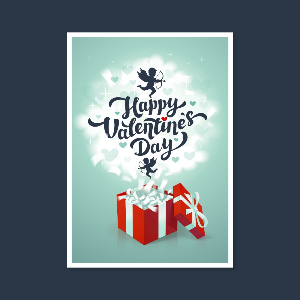 Happy Valentine&rsquo;s day greeting card - love day vector card or poster with red gift box and cupids in the clouds. Vector illustration. Happy Valentine&rsquo;s day greeting card - love day vector card or poster with red gift box and cupids in the clouds. Vector illustration.