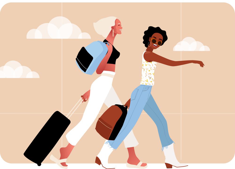 Tourist characters. Young women, Afro American and blond tourists traveling with backpacks and suitcases. Illustration of summer tourist characters. Isolated vector illustration in flat style.