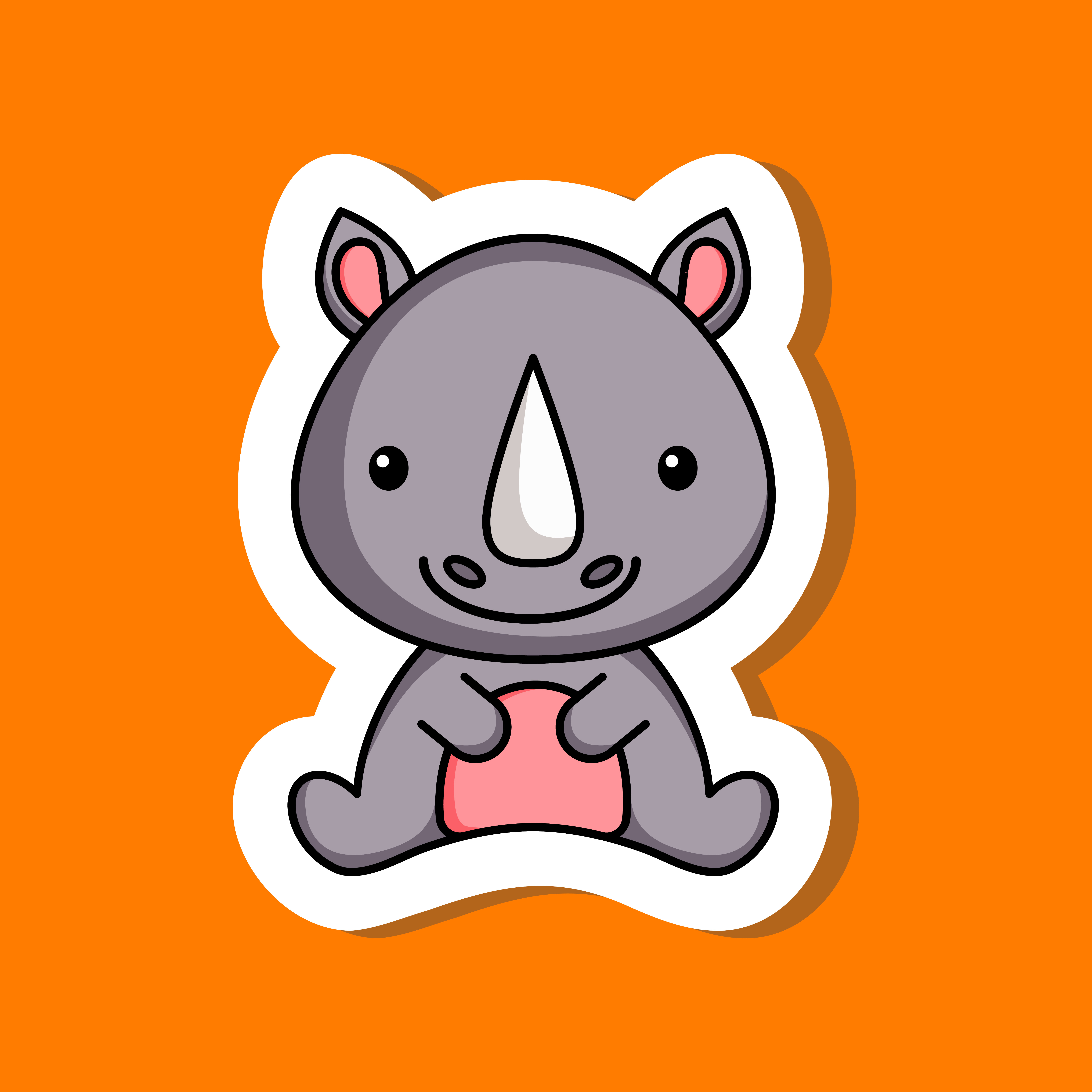 Cute cartoon sticker little rhino  logo template. Mascot animal character design of album, scrapbook, greeting card, invitation, flyer, sticker, card. Vector stock illustration.