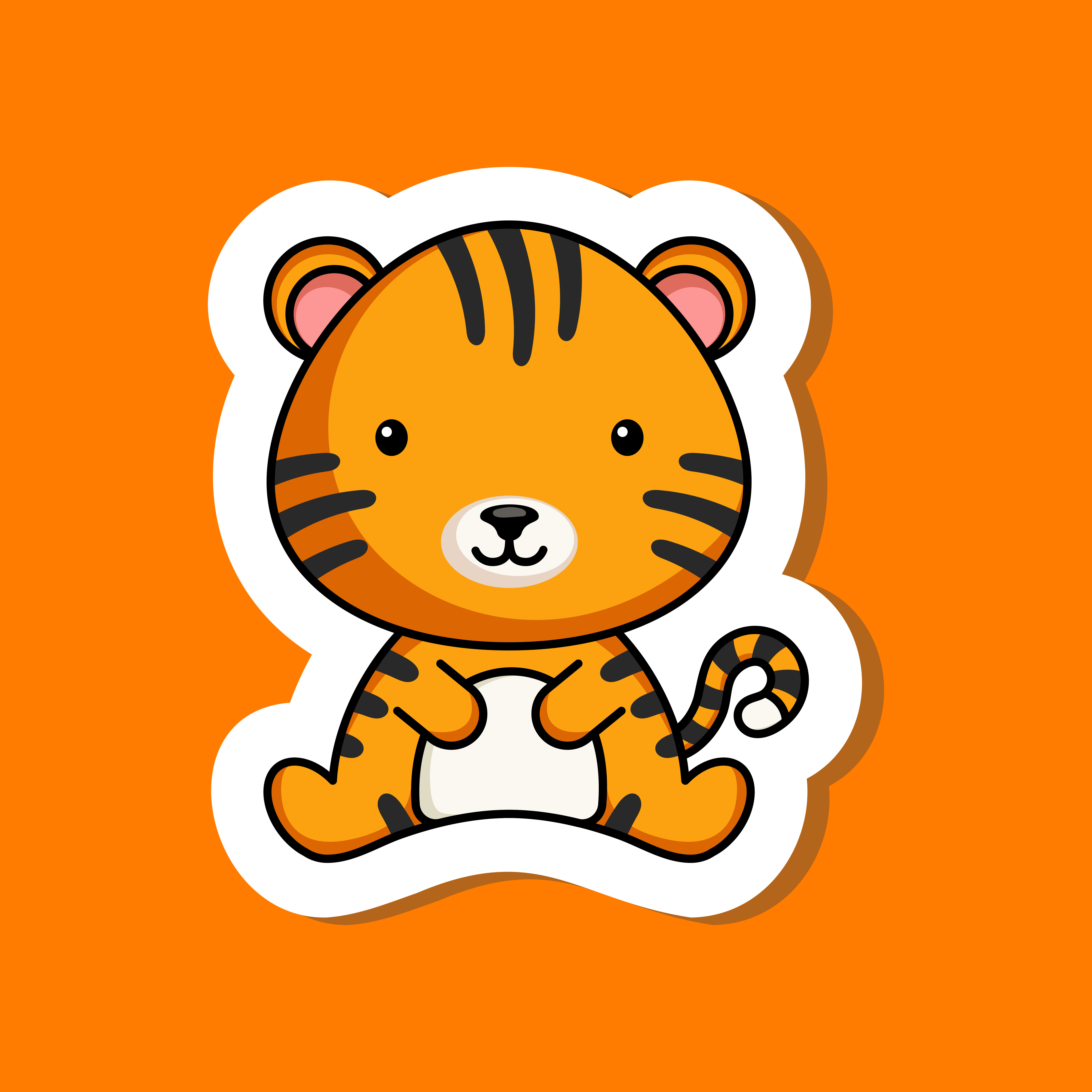 Cute cartoon sticker little tiger logo template. Mascot animal character design of album, scrapbook, greeting card, invitation, flyer, sticker, card. Vector stock illustration.