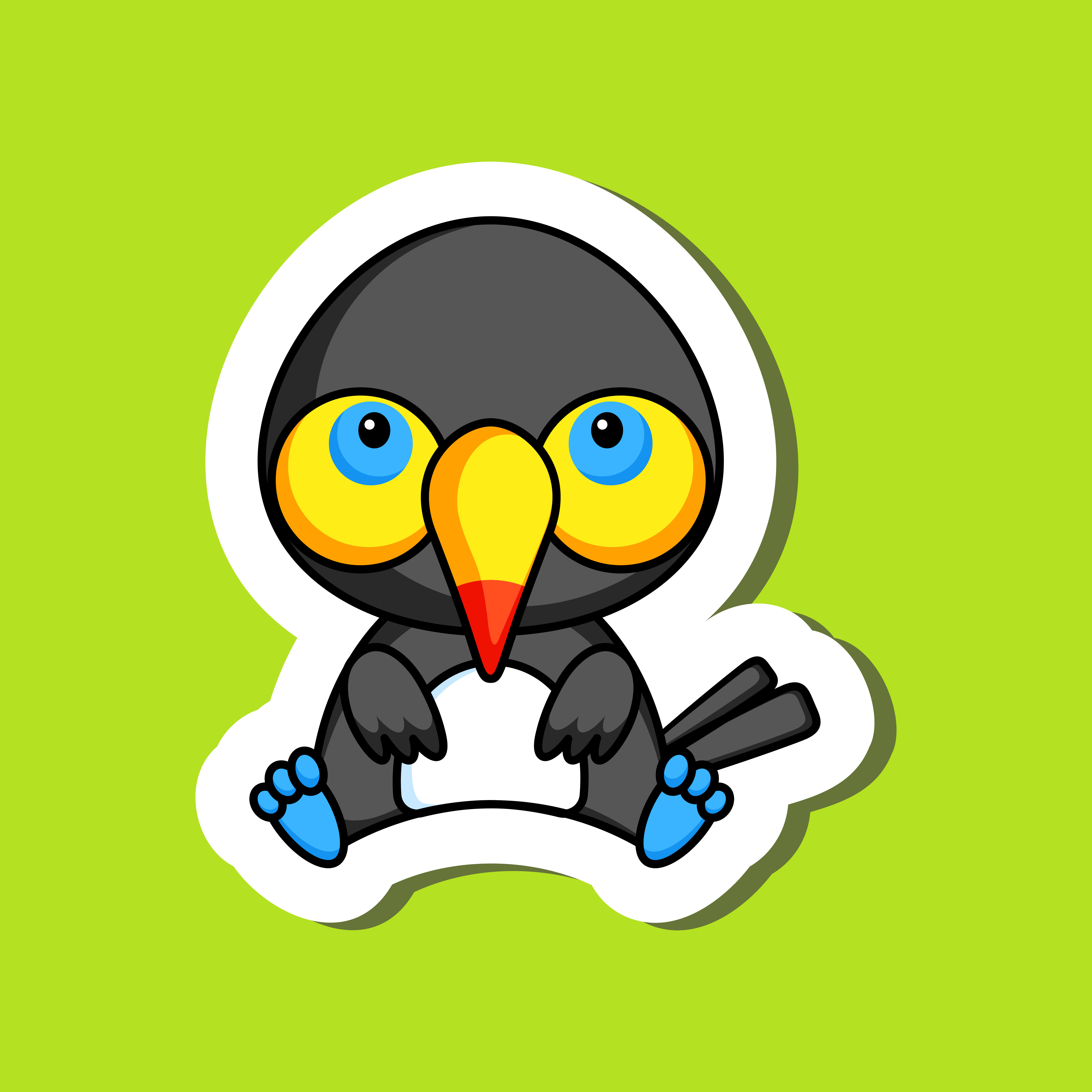 Cute cartoon sticker little toucan logo template. Mascot animal character design of album, scrapbook, greeting card, invitation, flyer, sticker, card. Vector stock illustration.