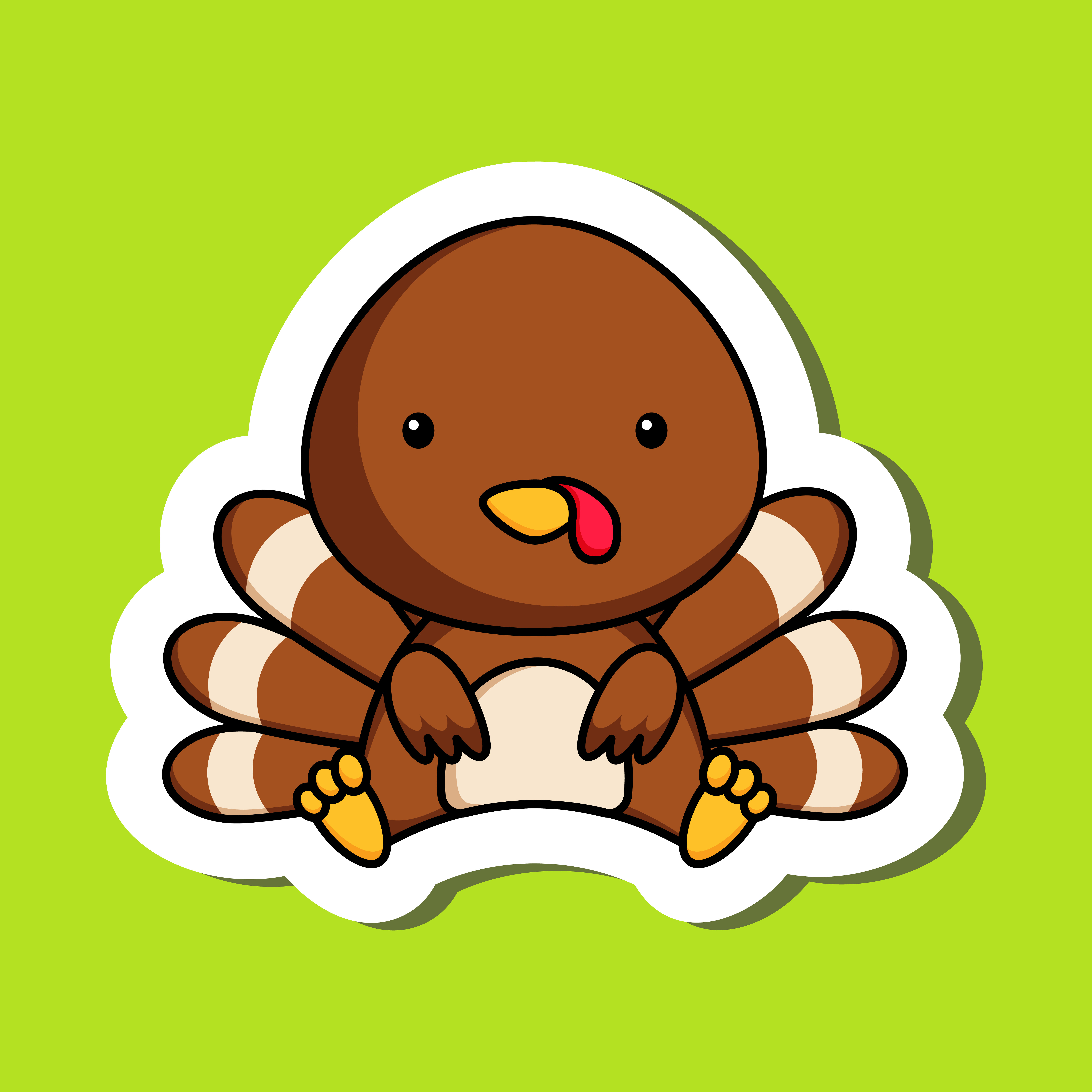 Cute cartoon sticker little turkey logo template. Mascot animal character design of album, scrapbook, greeting card, invitation, flyer, sticker, card. Vector stock illustration.