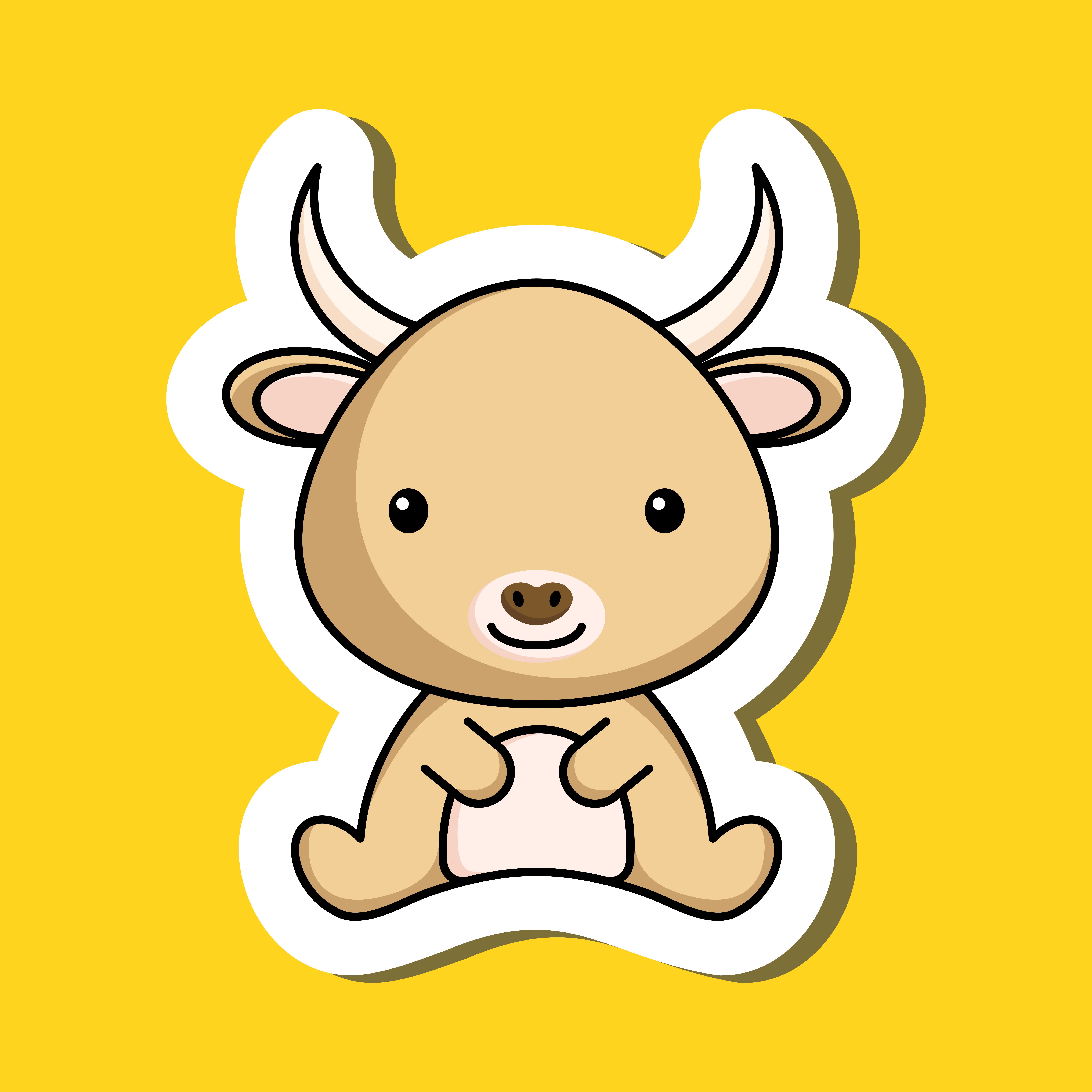 Cute cartoon sticker little yak logo template. Mascot animal character design of album, scrapbook, greeting card, invitation, flyer, sticker, card. Vector stock illustration.