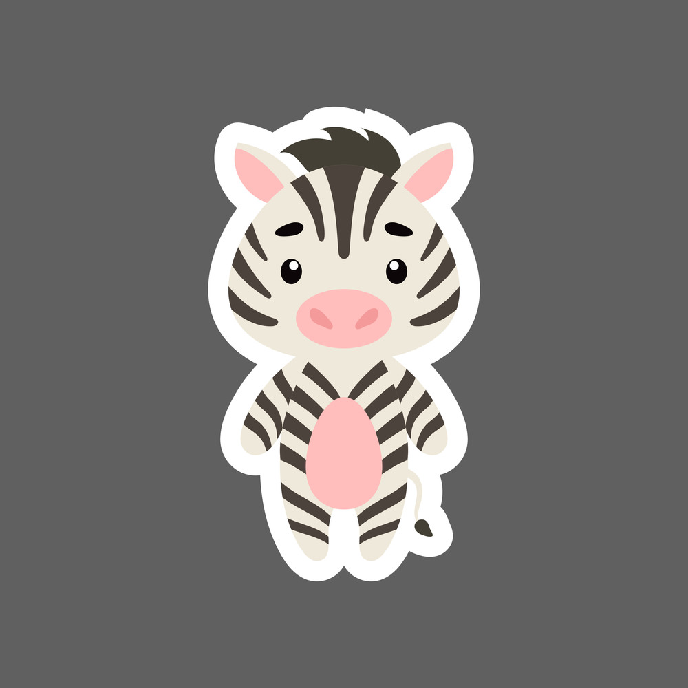 Cute little baby zebra sticker. Cartoon animal character for kids cards, baby shower, birthday invitation, house interior. Bright colored childish vector illustration in cartoon style.