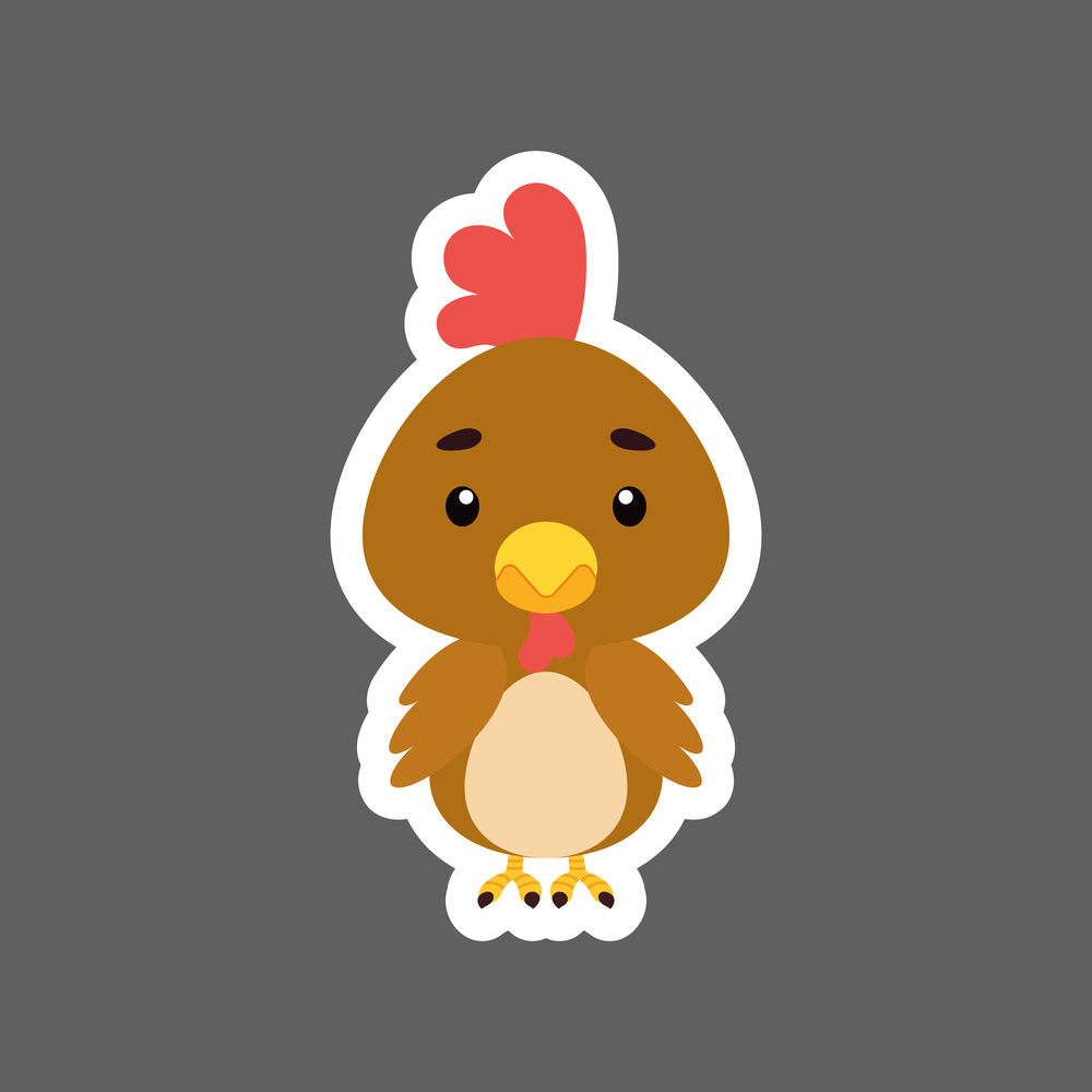 Cute little baby chicken sticker. Cartoon animal character for kids cards, baby shower, birthday invitation, house interior. Bright colored childish vector illustration in cartoon style.