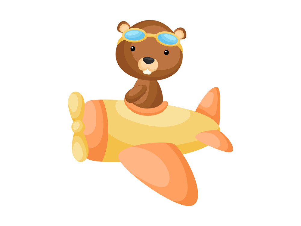 Little beaver wearing aviator goggles flying an airplane. Funny baby character flying on plane for greeting card, baby shower, birthday invitation, house interior. Isolated cartoon vector illustration