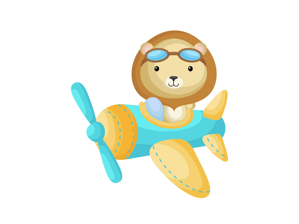 Little lion wearing aviator goggles flying an airplane. Funny baby character flying on plane for greeting card, baby shower, birthday invitation, house interior. Isolated cartoon vector illustration