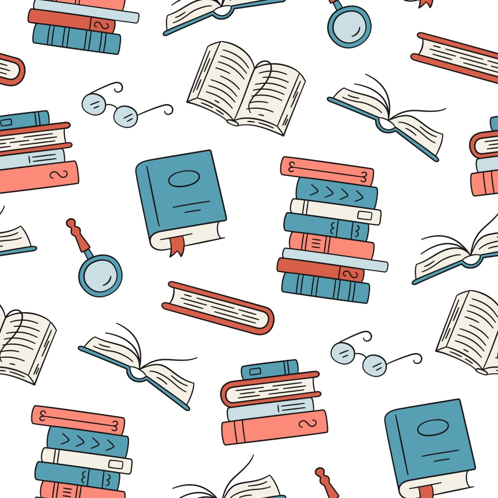 Seamless pattern with paper books. Home library, book stacks, glasses in doodle style. Hand drawn vector illustration on white background. Seamless pattern with paper books. Home library, book stacks, glasses in doodle style. Hand drawn vector illustration