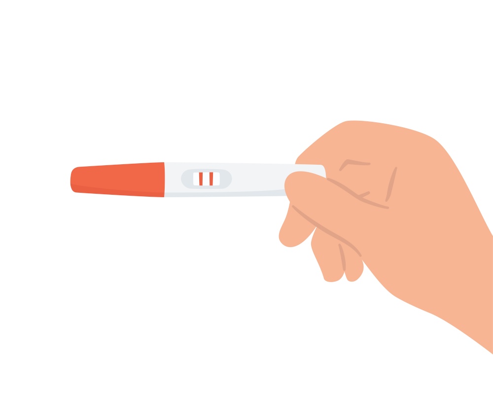 Pregnancy test with two red stripes in hand. Positive result. Checking pregnancy test. Flat vector illustration on white background. Pregnancy test with two red stripes in hand. Positive result. Checking pregnancy test. Flat vector illustration