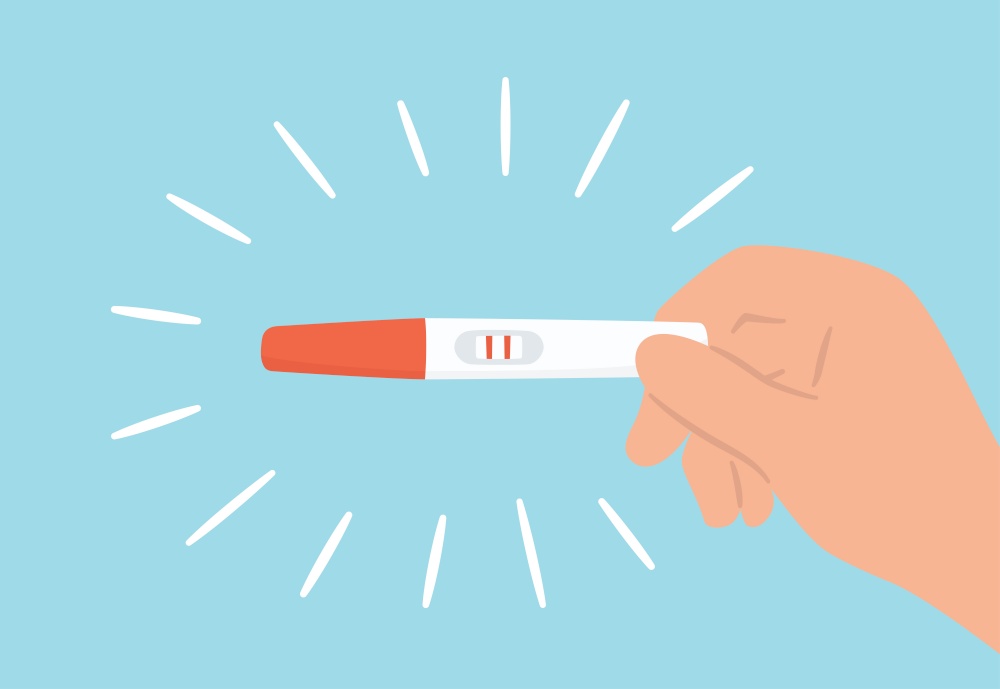 Hand is holding a pregnancy test with positive result as a two lines. Planning a baby, motherhood and healthcare concept. Flat vector illustration. Hand is holding a pregnancy test with positive result as a two lines.