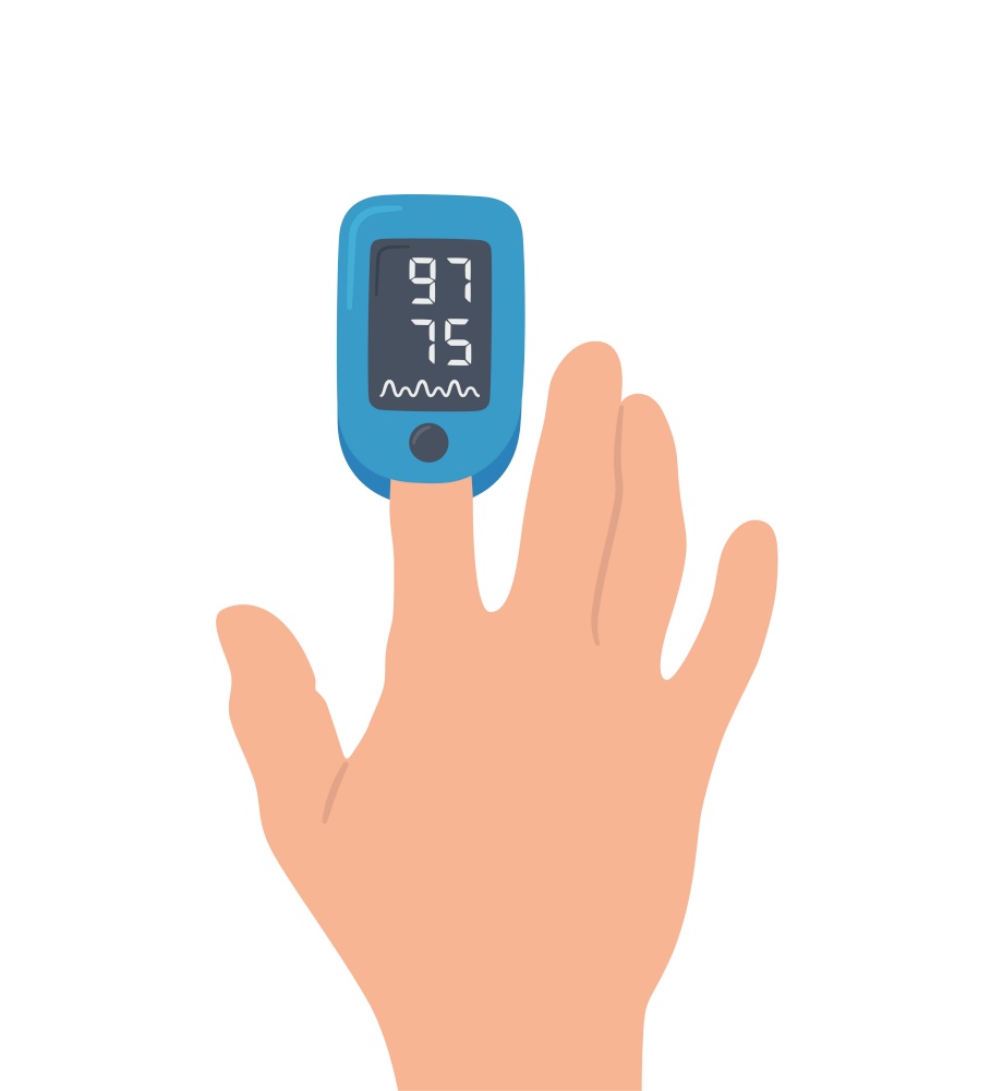 Pulse Oximeter on finger. Digital device to measure oxygen saturation. Isolated vector illustration on white background. Pulse Oximeter on finger. Digital device to measure oxygen saturation.