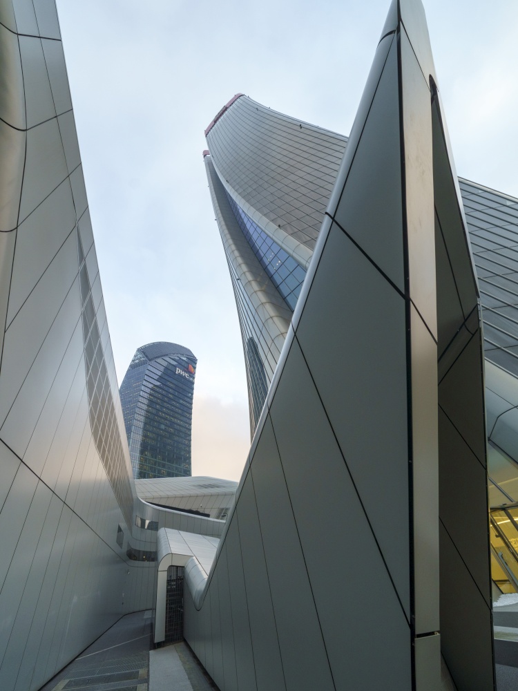 Milan, Italy: modern Citylife park with Libeskind and Hadid towers