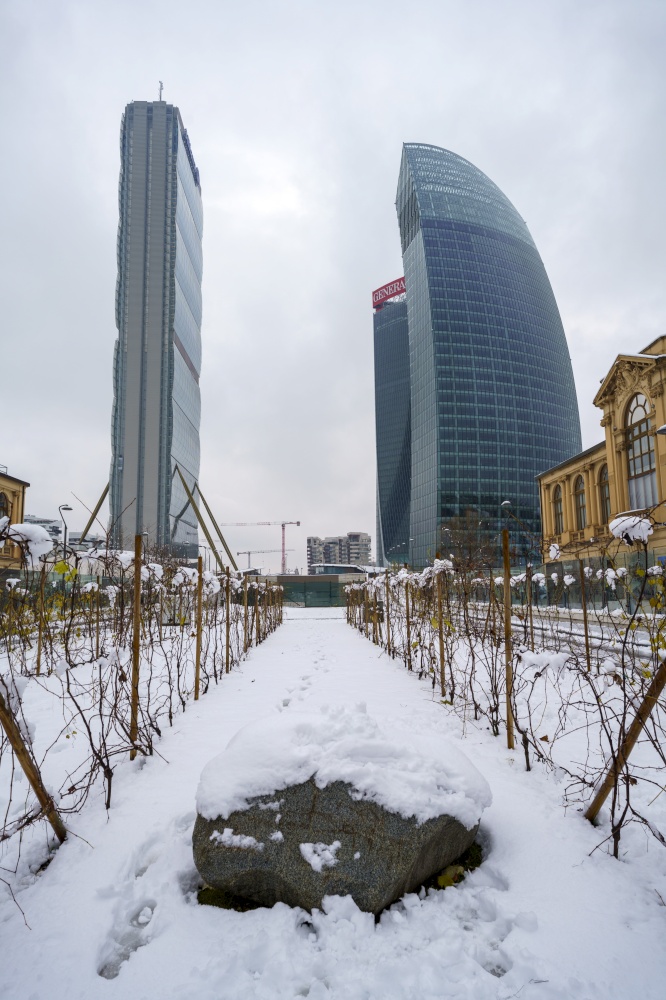Milan, Italy: modern Citylife park, Isozaki, Hadid and Libeskind towers with snow. The vineyard