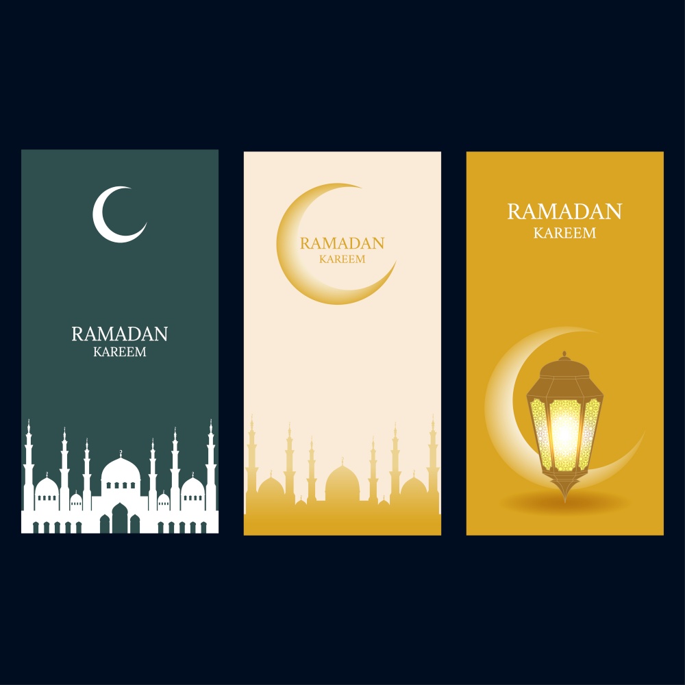 The Muslim feast of the holy month of Ramadan Kareem. Set of posters or invitations design with crescent, lantern and mosque dome silhouette. Vector illustration.