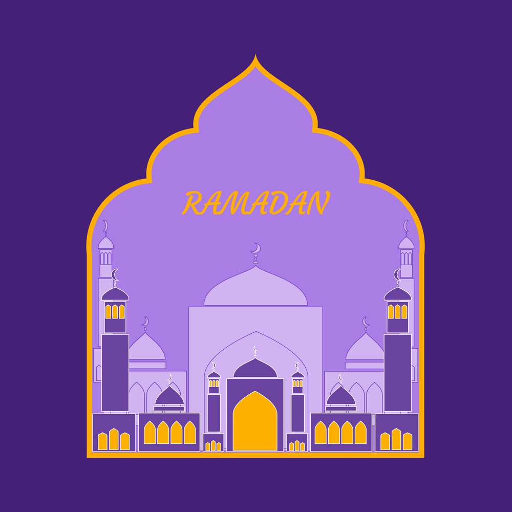 The Muslim feast of Ramadan Kareem. Vector color illustration with mosque dome silhouette on color background for your greeting or invitation card, banner, flyer, poster design, template.