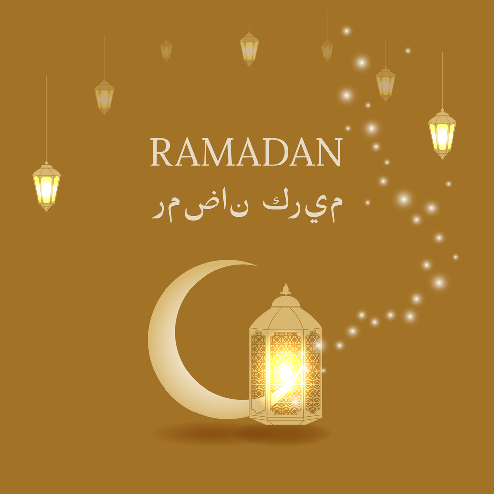 Ramadan Kareem. Vector greetings design illustration with crescent and glowing lanterns and lights for invitation card, banner, flyer, poster, template. Translation from Arabic: Generous Ramadan.