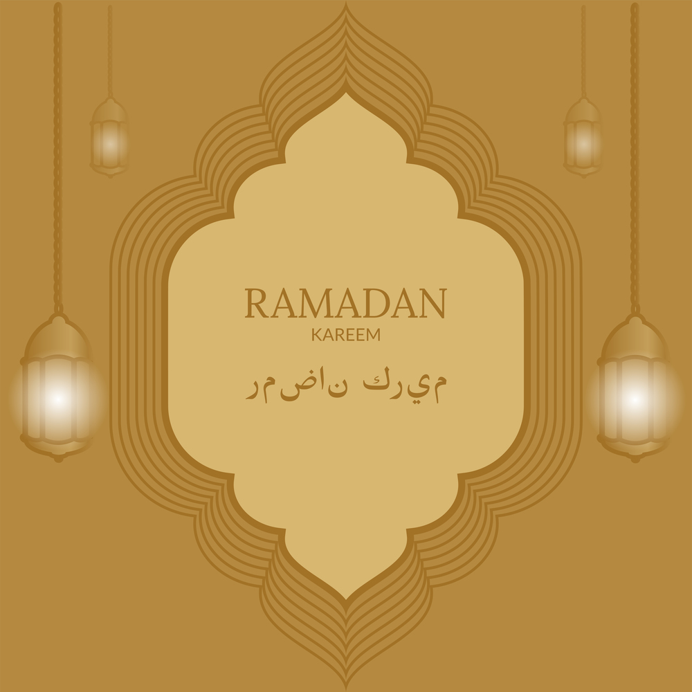 Ramadan Kareem. Vector greetings design illustration with glowing lanterns and ornate element for invitation card, banner, flyer, poster design, template. Translation from Arabic: Generous Ramadan.