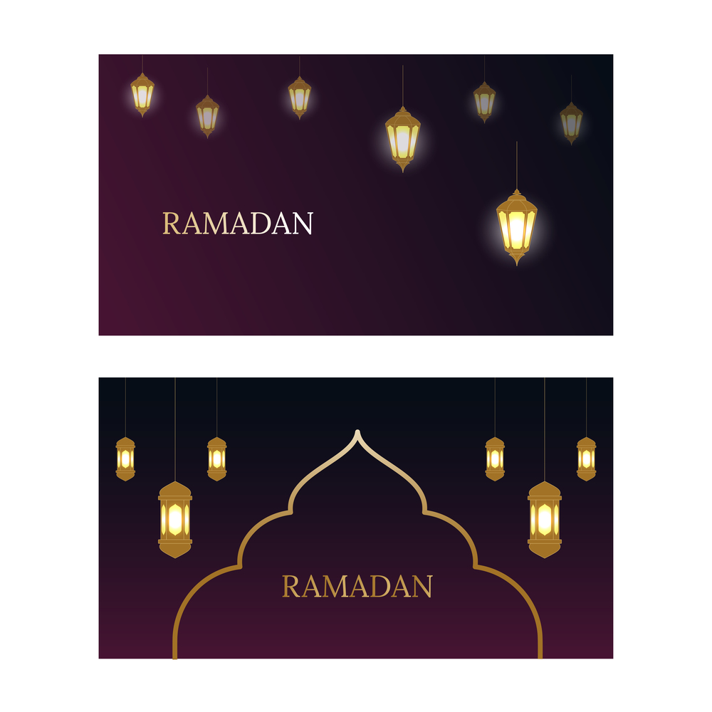 Ramadan Kareem set of posters or invitations design with glowing lanterns on dark blue and violet background. Vector illustration. Place for text.