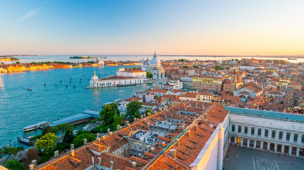 Cityscape of Venice skyline from top view in Italy at sunset