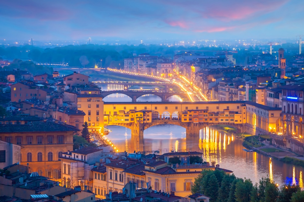 Ponte Vecchio and Florence city downtown skyline cityscape of Tuscany Italy