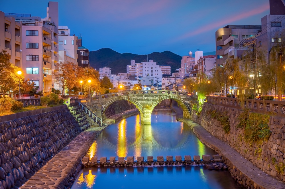 Nagasaki city downtown skyline cityscape with Megane Spectacles Bridge in Kyushu Japan