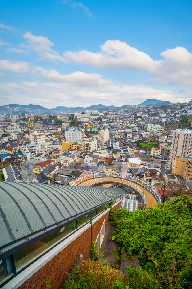 Nagasaki city downtown skyline cityscape in Kyushu Japan from top view