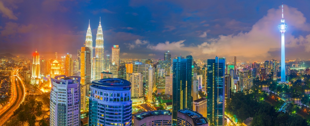 Downtown Kuala Lumpur skyline at twilight in Malaysia