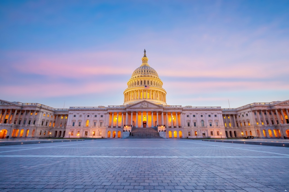 The United States Capitol Building in Washington, DC. American landmark at sunset