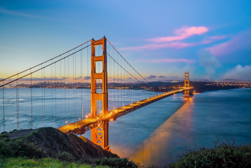 Famous Golden Gate Bridge, San Francisco in USA at sunset