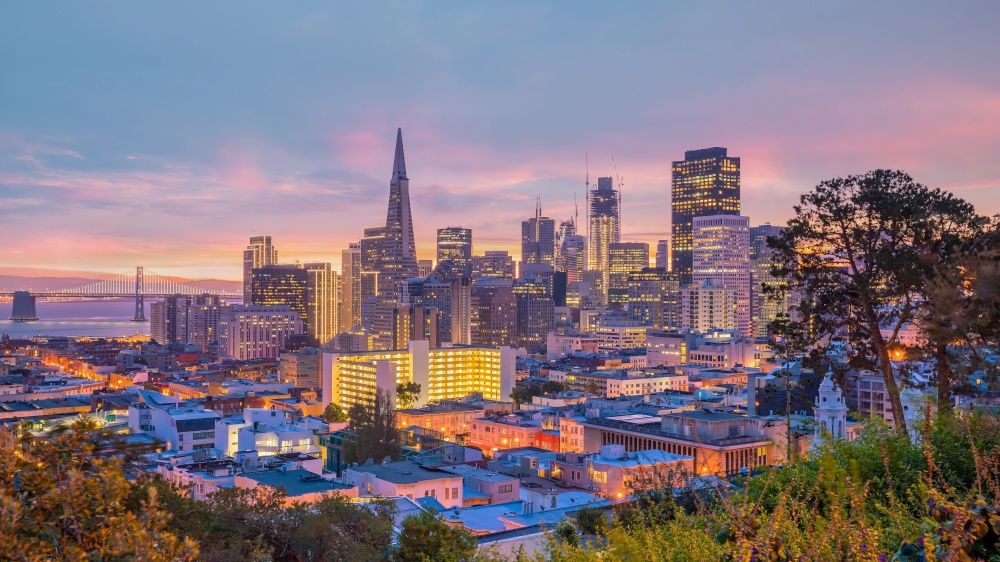 Cityscape view of  business center in downtown San Francisco at sunset, USA