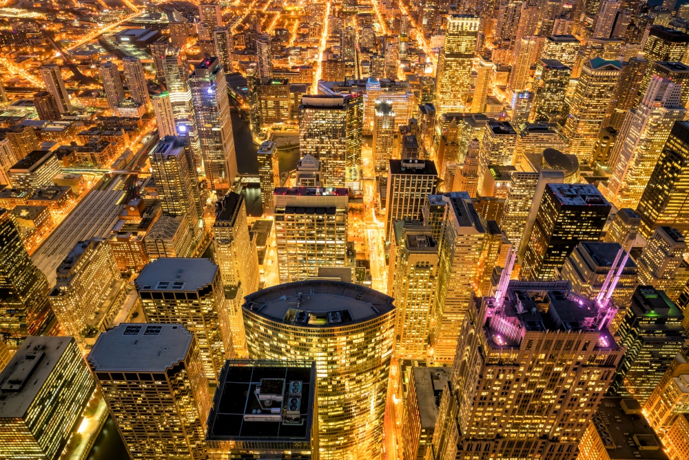 Aerial view of Chicago downtown at sunset from high above.