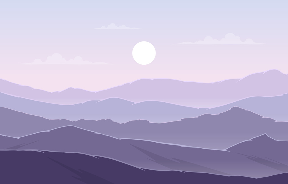 Beautiful Mountain Panorama Landscape in Purple Monochrome Flat Illustration