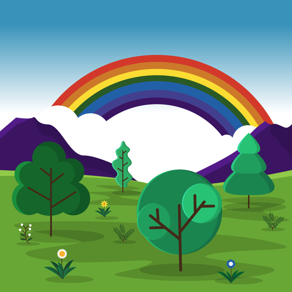 Beautiful Rainbow Summer Mountain Meadow Nature Landscape Illustration