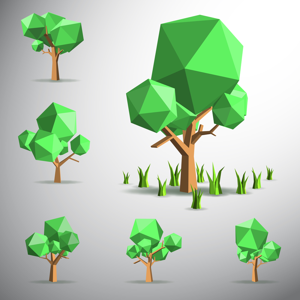 Vector, Low polygon 3D tree and grasses