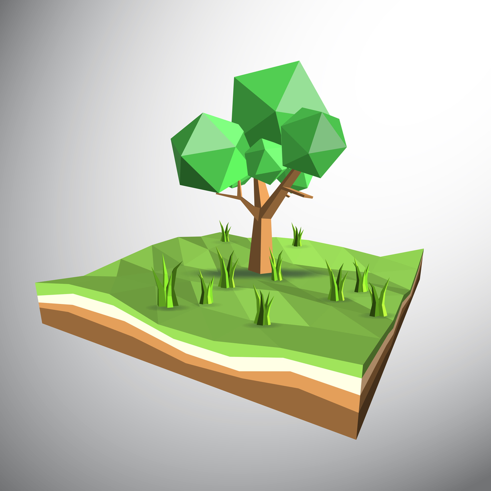 Vector, Low polygon 3D tree and grasses