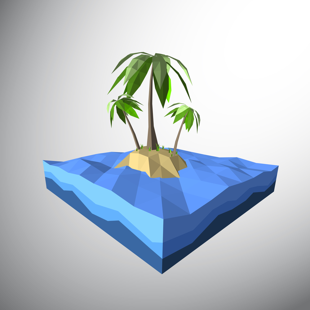 Vector, Low polygon 3D palm tree on lonely island in the ocean