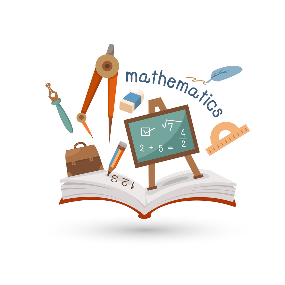 Illustration of open book and icons of mathematics. Concept of education