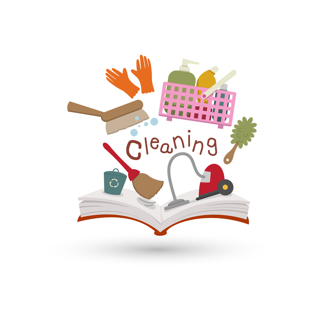 Illustration of open book and icons of cleaning. Concept of education